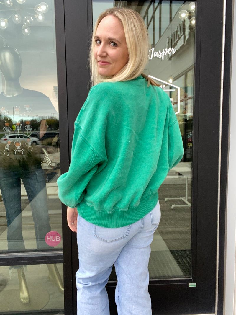 Kelly Green Acid Wash Fleece Oversized Pullover