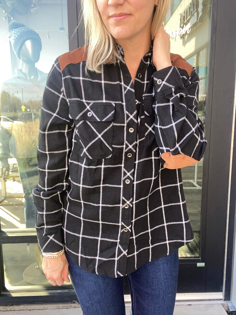 Oversized Plaid Button Up With Faux Suede Patch