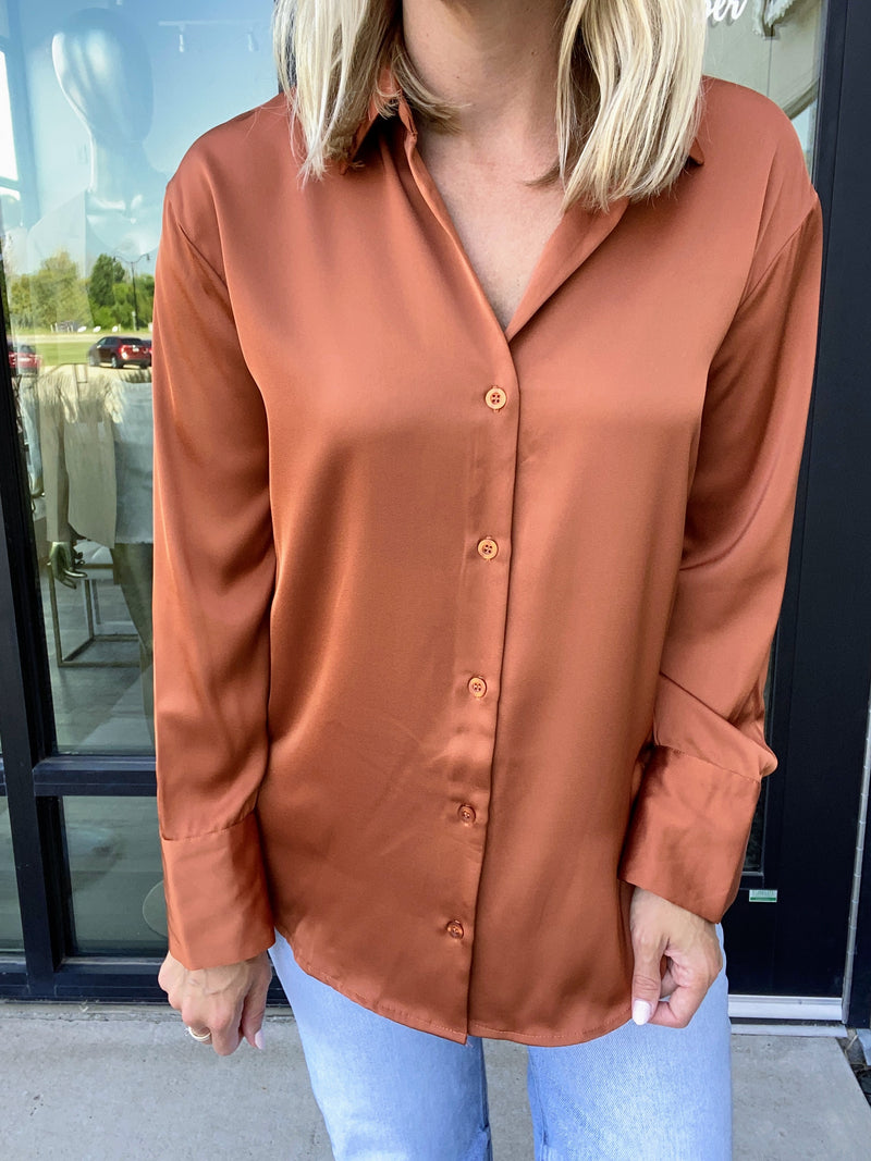 Rust Solid Satin Button Up Top