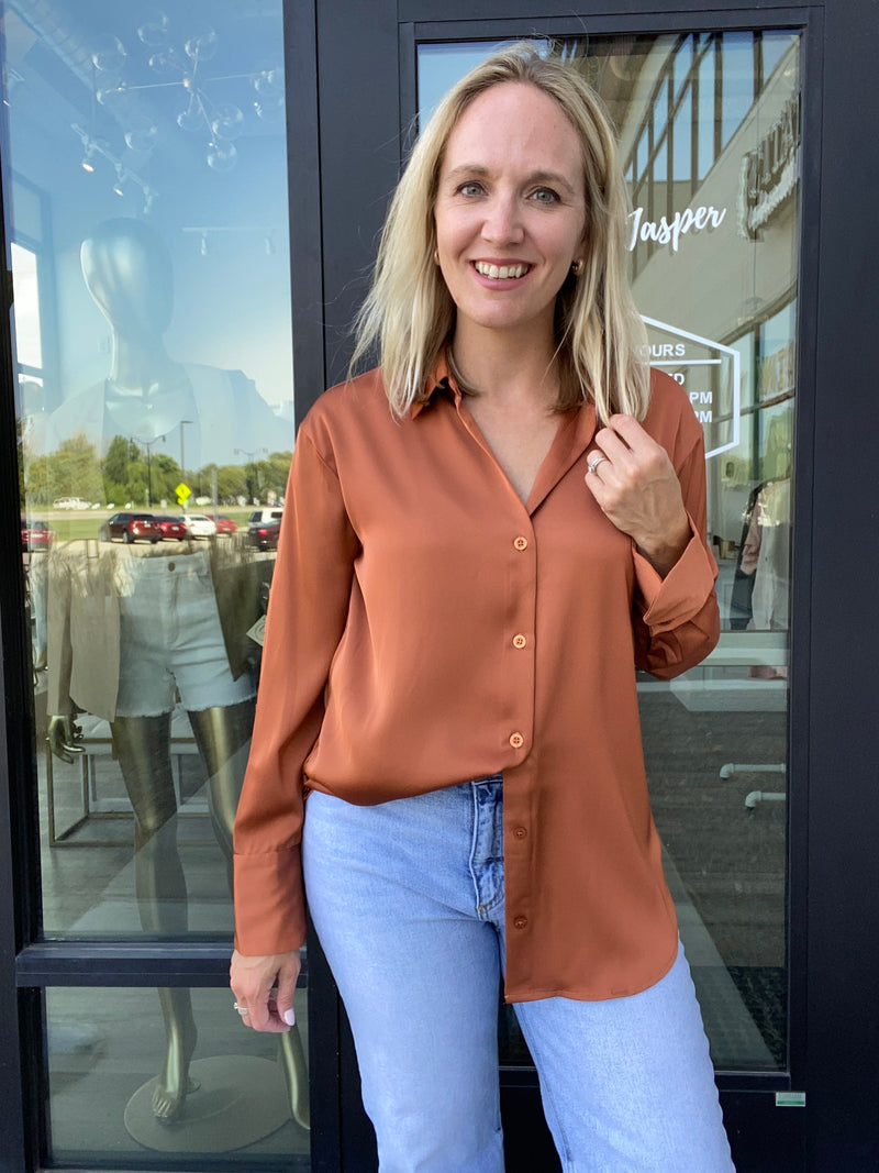Rust Solid Satin Button Up Top