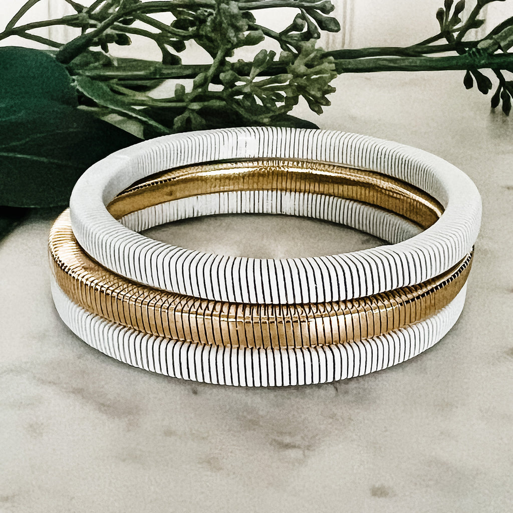 White and Gold 3-Strand Stretch Bracelets