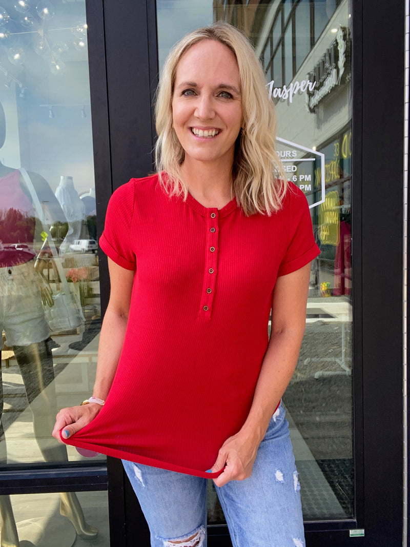 Red Short Sleeve Button Up Henley Top