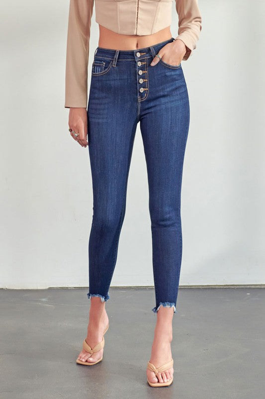 Kan Can High Rise Button Fly Dark Skinny Jeans