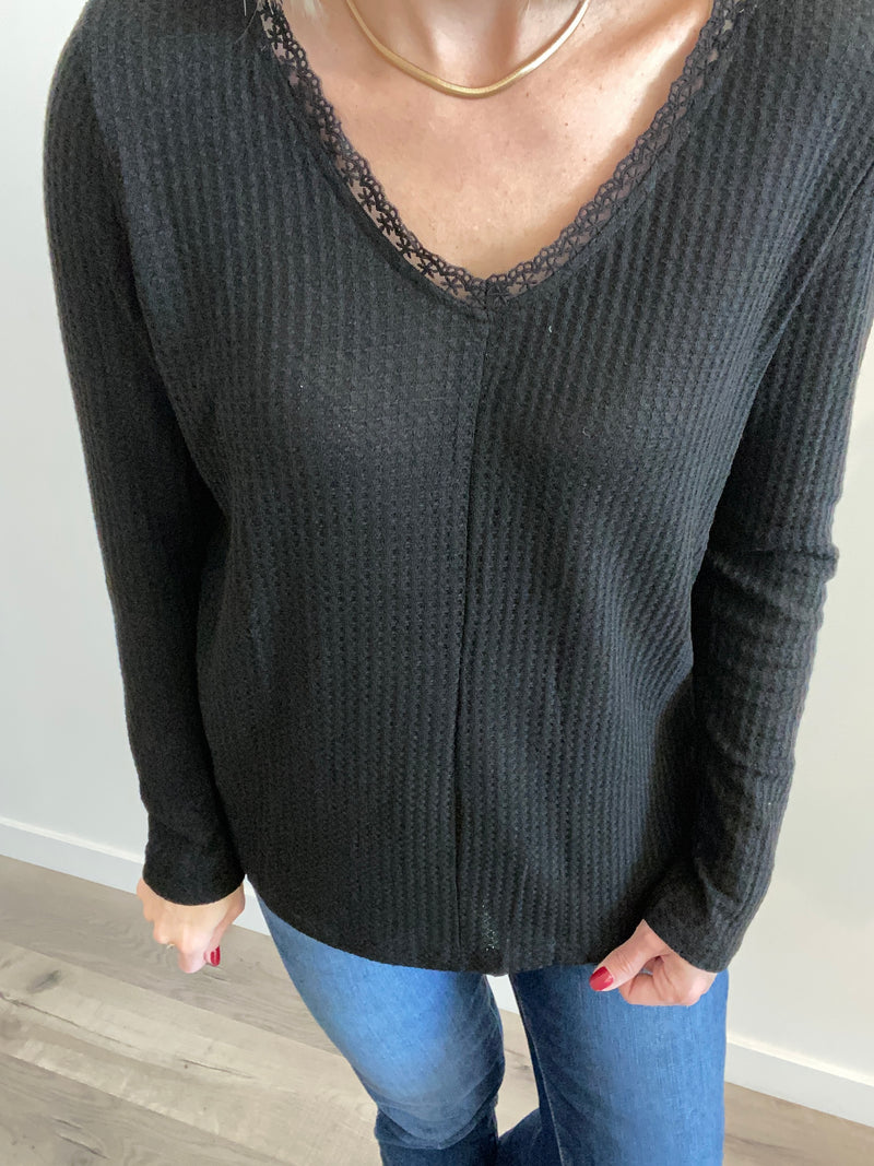 Waffle Knit V-Neck Top With Lace Detail