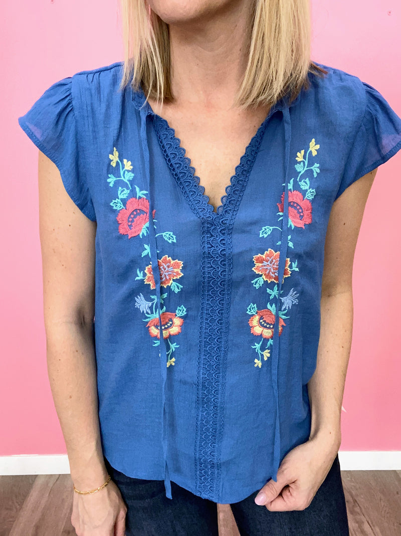 Floral Embroidered Neck Tie Top