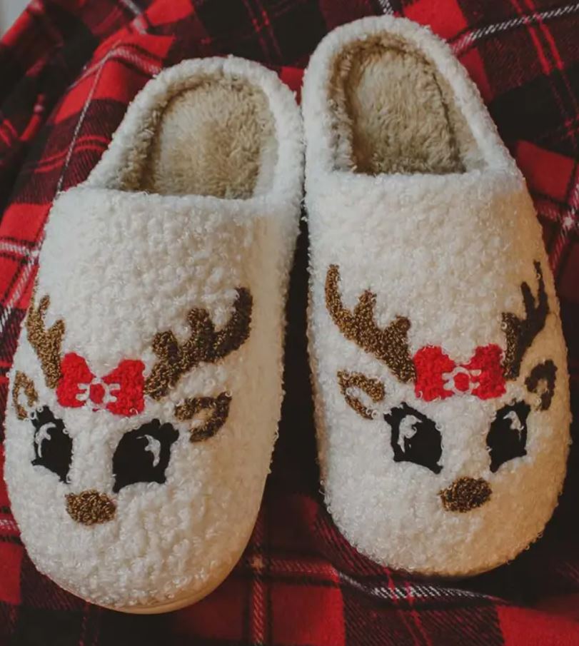 Reindeer Face Holiday Sherpa Slippers